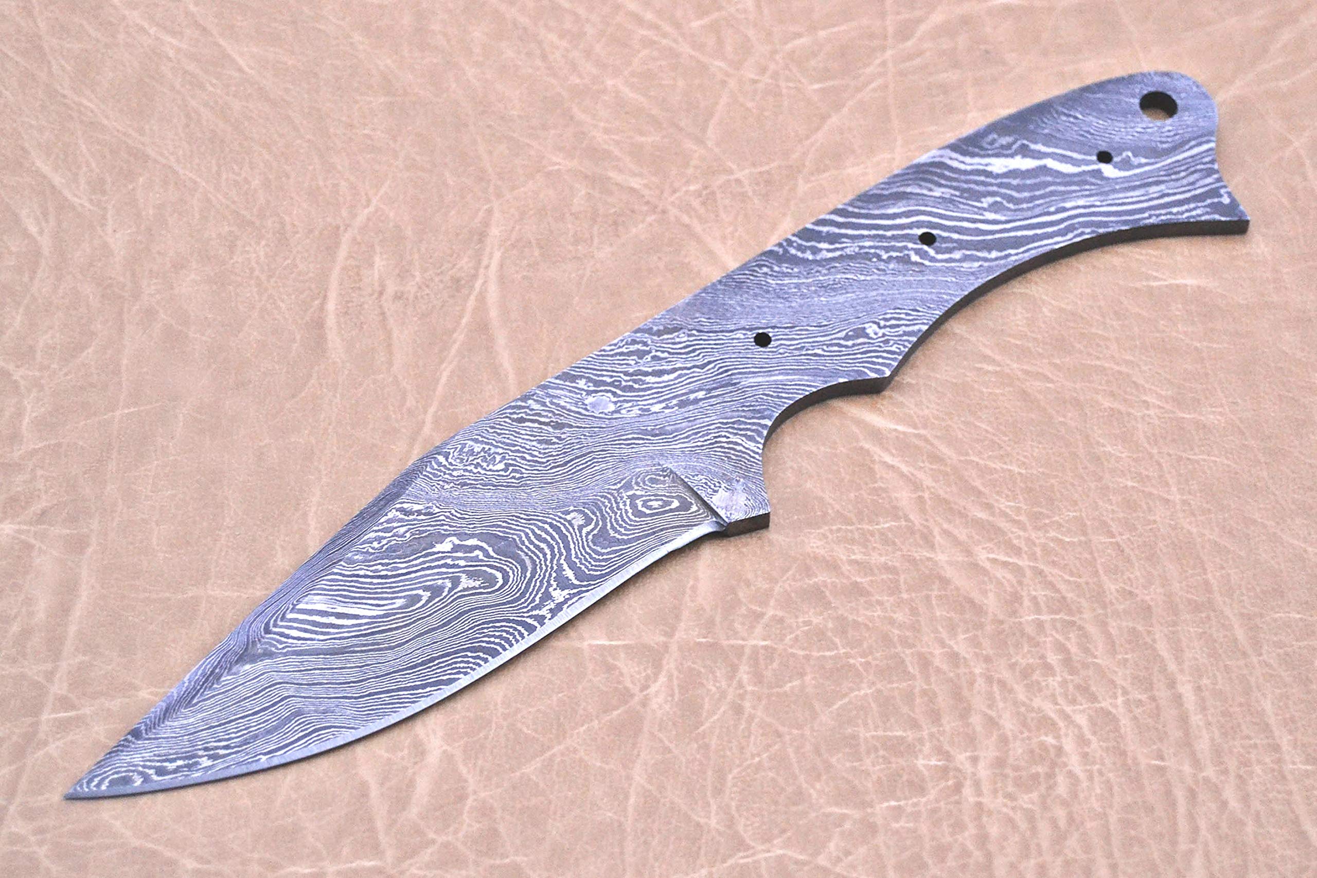 Knife Making, Damascus Steel Blank Blade 8.25 inches Long Hand Forged Skinning Knife with 3 Pin Hole & an Inserting Hole Space 4 inches Cutting Edge