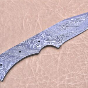 Knife Making, Damascus Steel Blank Blade 8.25 inches Long Hand Forged Skinning Knife with 3 Pin Hole & an Inserting Hole Space 4 inches Cutting Edge