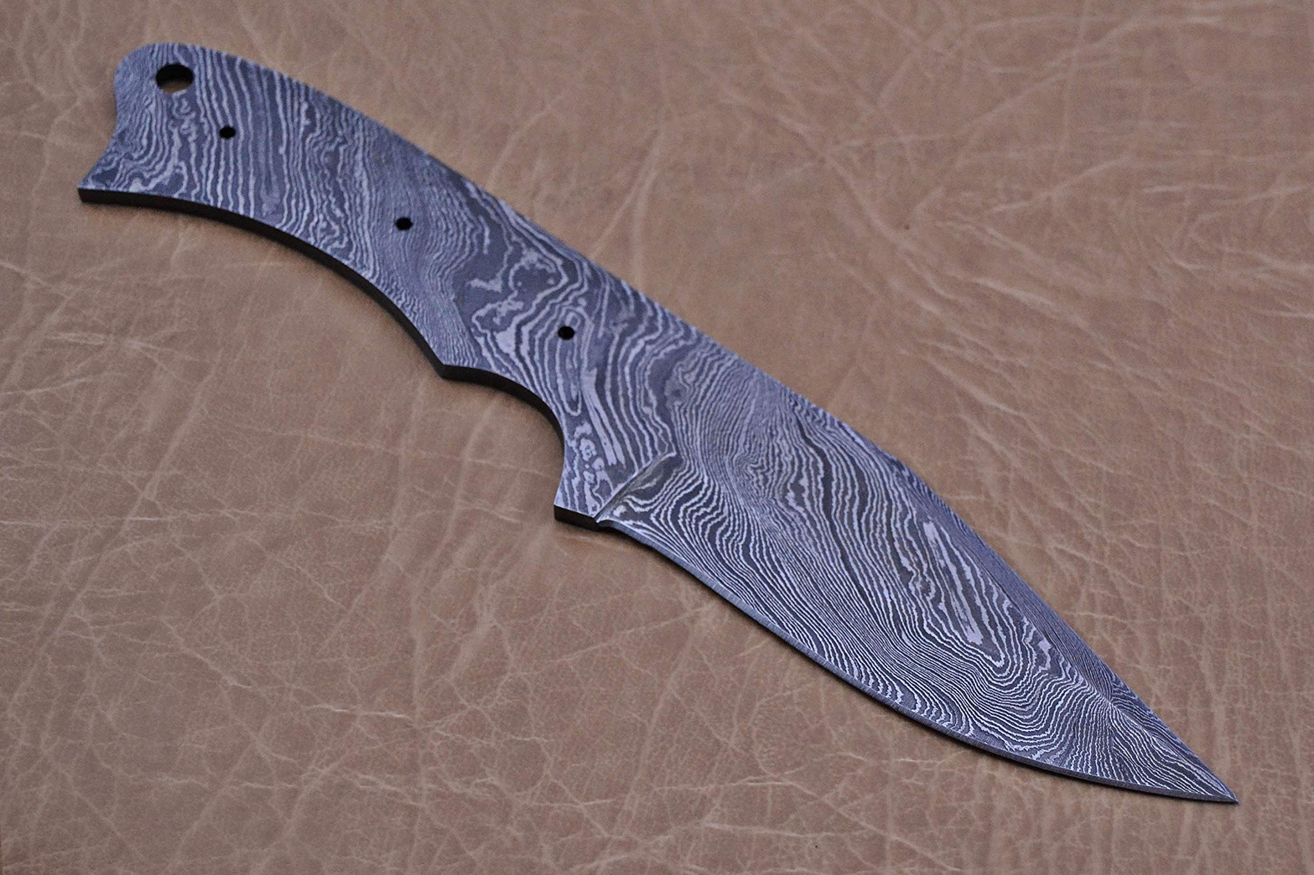 Knife Making, Damascus Steel Blank Blade 8.25 inches Long Hand Forged Skinning Knife with 3 Pin Hole & an Inserting Hole Space 4 inches Cutting Edge