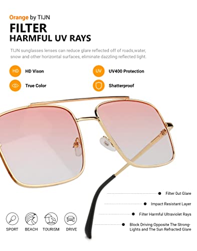 TIJN Aviator Sunglasses for Women Men UV400 Protection Oversized Square Sun Glasses Retro 70s Vintage Shades(Gradient Pink)