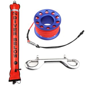 4ft red scuba diving open bottom surface marker buoy (smb) with 49ft finger spool alloy dive reel and double ended bolt clip - blue