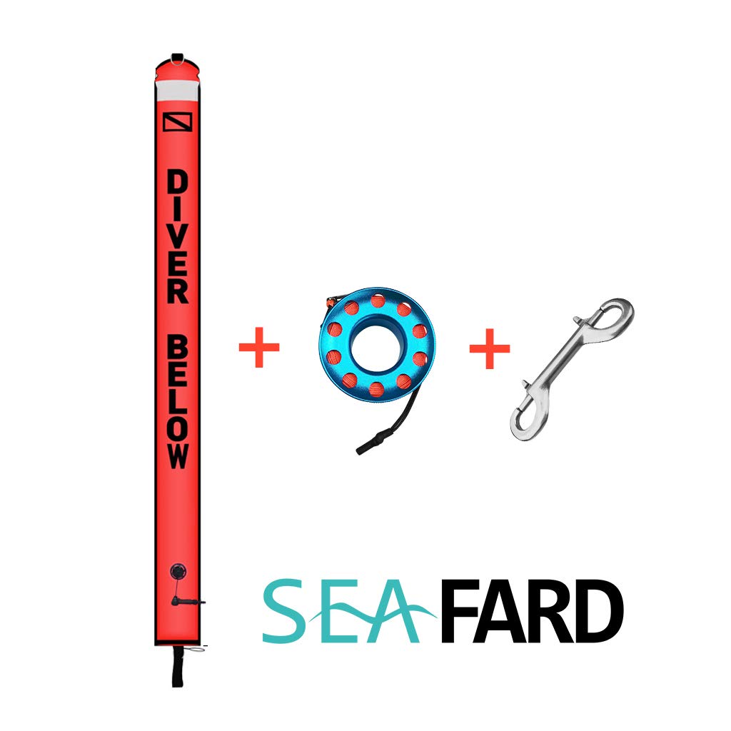 4ft Red Scuba Diving Open Bottom Surface Marker Buoy (SMB) with 49ft Finger Spool Alloy Dive Reel and Double Ended Bolt Clip - Blue