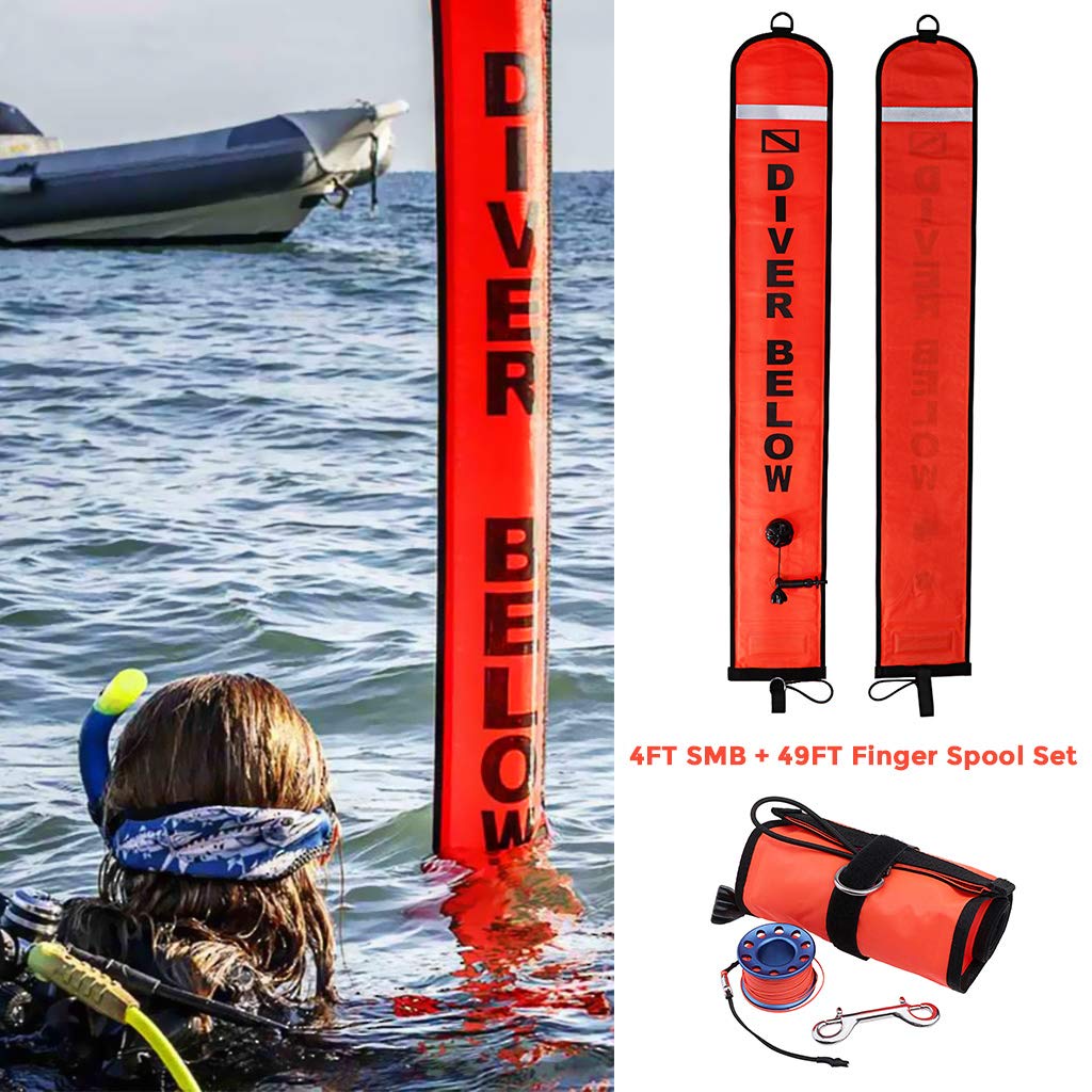 4ft Red Scuba Diving Open Bottom Surface Marker Buoy (SMB) with 49ft Finger Spool Alloy Dive Reel and Double Ended Bolt Clip - Blue