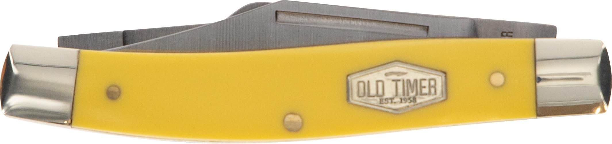 Old Timer 8OTY Yellow Senior 6.9in S.S. Traditional Pocket Knife with 3in Clip Point, Sheepsfoot, Spey Blade and Sawcut Handle for Hunting, Camping and EDC, Multicolor