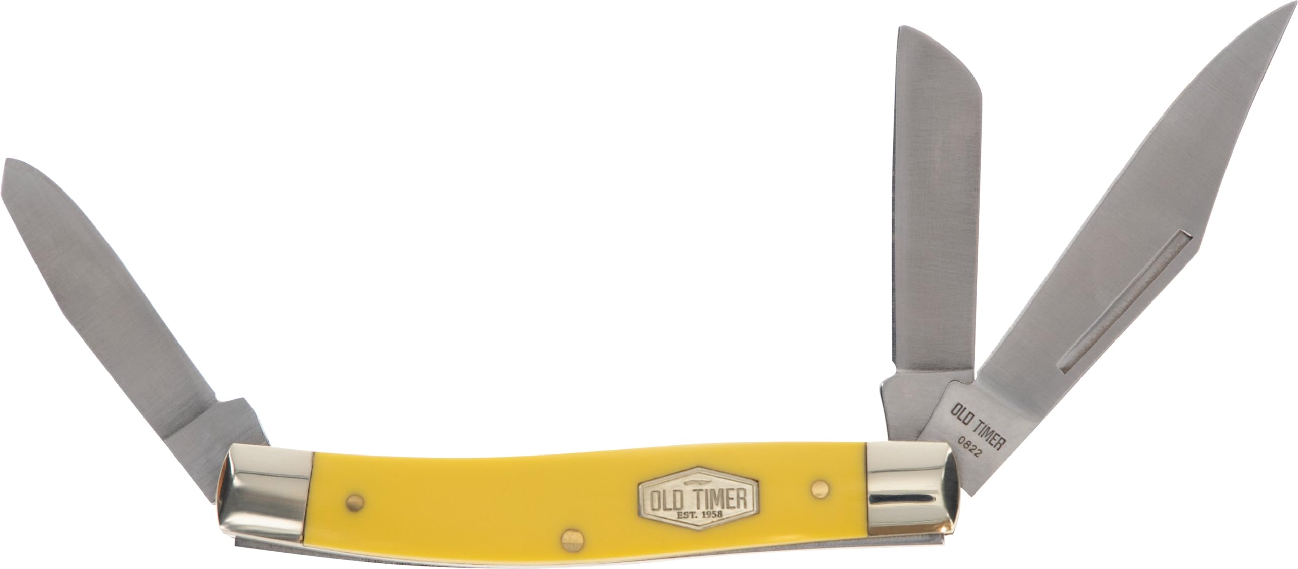 Old Timer 8OTY Yellow Senior 6.9in S.S. Traditional Pocket Knife with 3in Clip Point, Sheepsfoot, Spey Blade and Sawcut Handle for Hunting, Camping and EDC, Multicolor