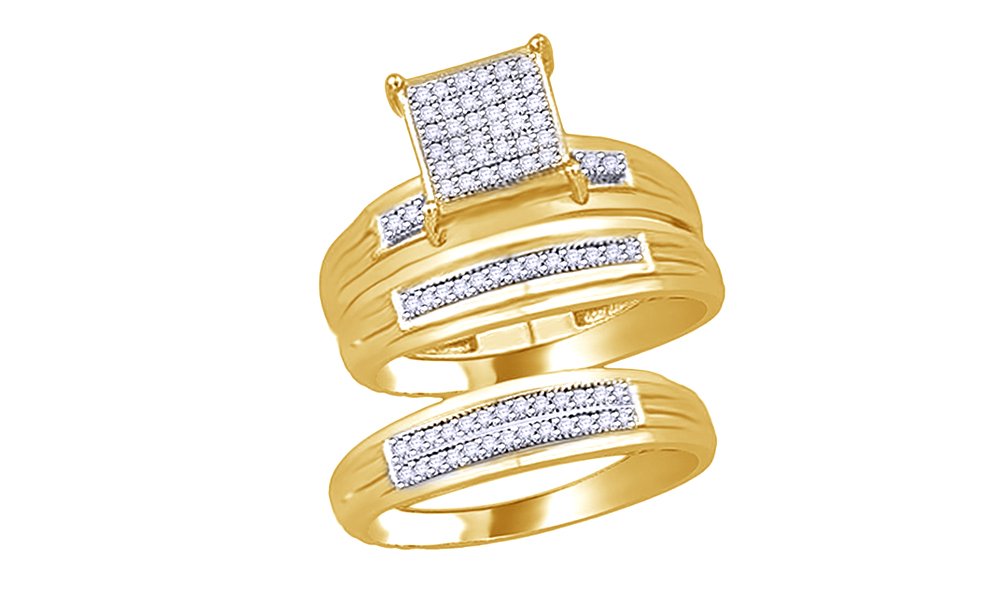 AFFY White Natural Diamond Wedding & Engagement Trio Band Ring Set in 10k Solid Yellow Gold (0.25 Cttw)