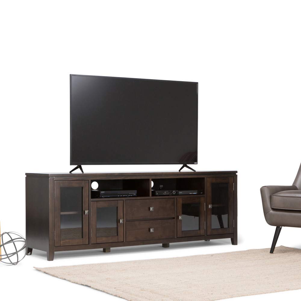 SIMPLIHOME Cosmopolitan SOLID WOOD Universal TV Media Stand, 72 inch Wide, Contemporary, Living Room Entertainment Center with Storage, for Flat Screen TVs up to 80 inches in Mahogany Brown