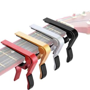 mudder 4 pcs guitar capo aluminum metal universal, acoustic and classical electric guitars, bass, banjo, violin, mandolin, ukulele all types lightweight string instrument (black, red, silver, gold)