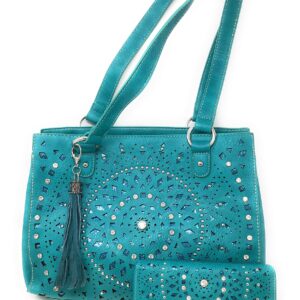 Set of Women's Concealed Carry Tote Double Flat Strap Purse with Laser Cutout Inlay with Matching Wallet (Turquoise)