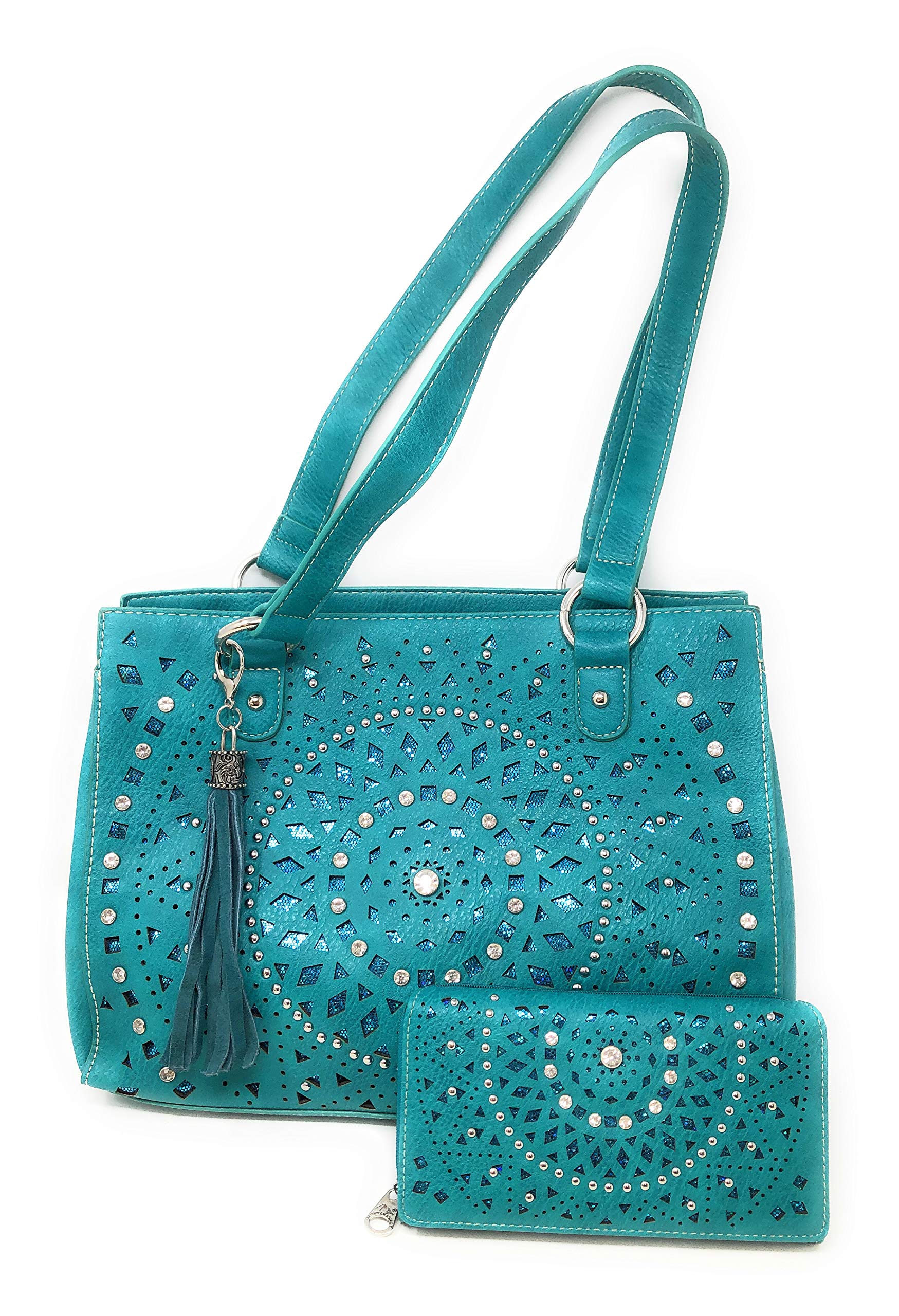 Set of Women's Concealed Carry Tote Double Flat Strap Purse with Laser Cutout Inlay with Matching Wallet (Turquoise)