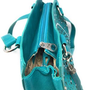 Set of Women's Concealed Carry Tote Double Flat Strap Purse with Laser Cutout Inlay with Matching Wallet (Turquoise)