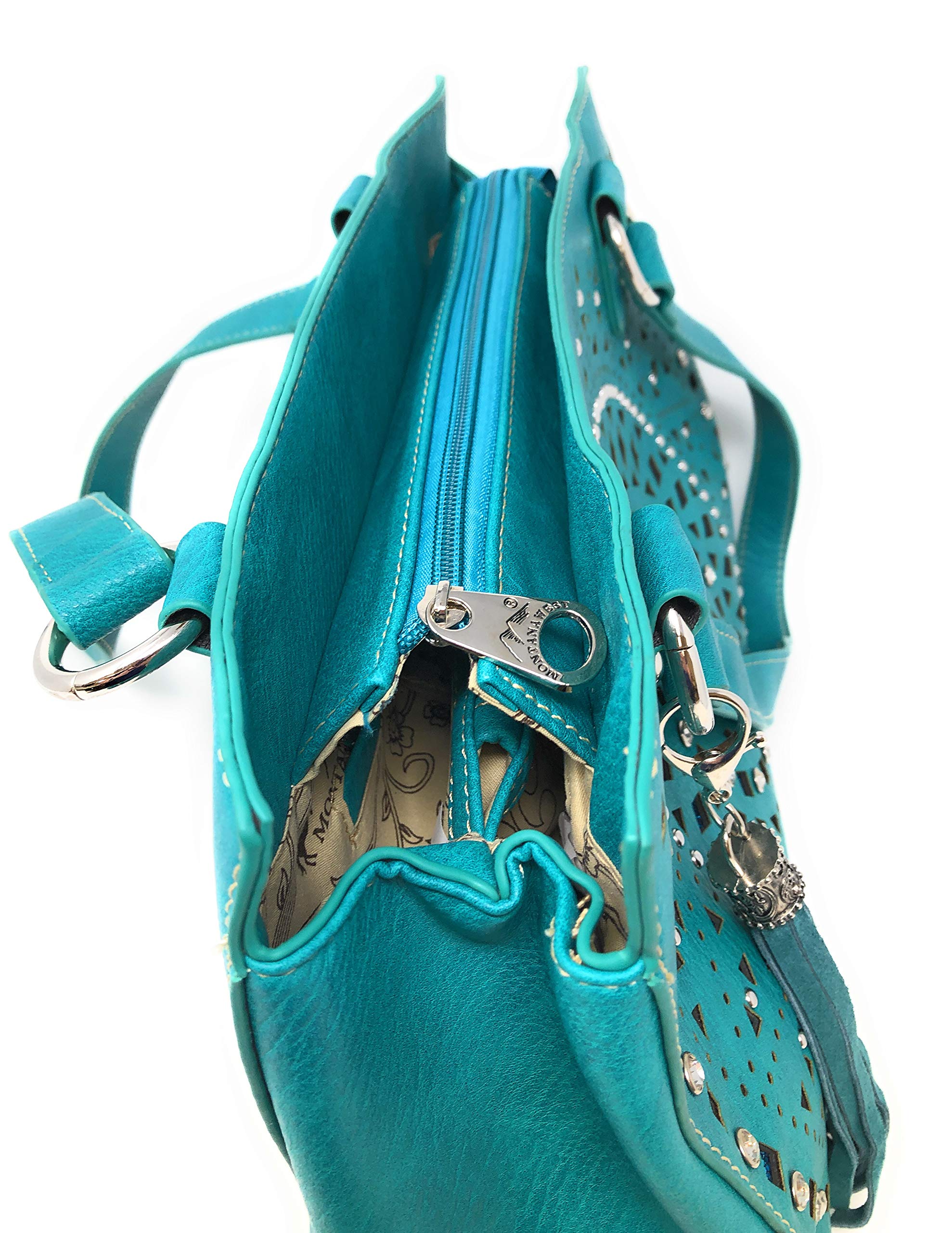 Set of Women's Concealed Carry Tote Double Flat Strap Purse with Laser Cutout Inlay with Matching Wallet (Turquoise)