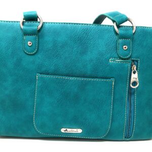 Set of Women's Concealed Carry Tote Double Flat Strap Purse with Laser Cutout Inlay with Matching Wallet (Turquoise)