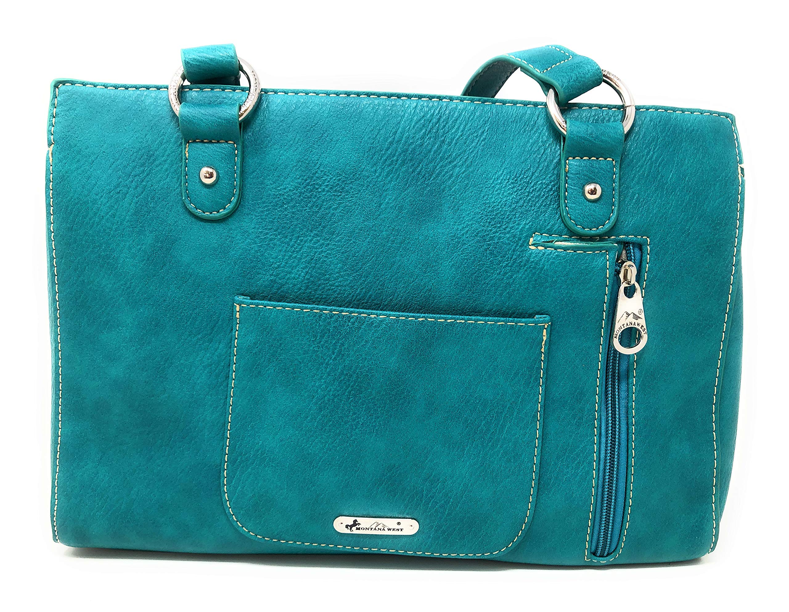 Set of Women's Concealed Carry Tote Double Flat Strap Purse with Laser Cutout Inlay with Matching Wallet (Turquoise)