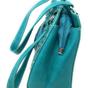 Set of Women's Concealed Carry Tote Double Flat Strap Purse with Laser Cutout Inlay with Matching Wallet (Turquoise)