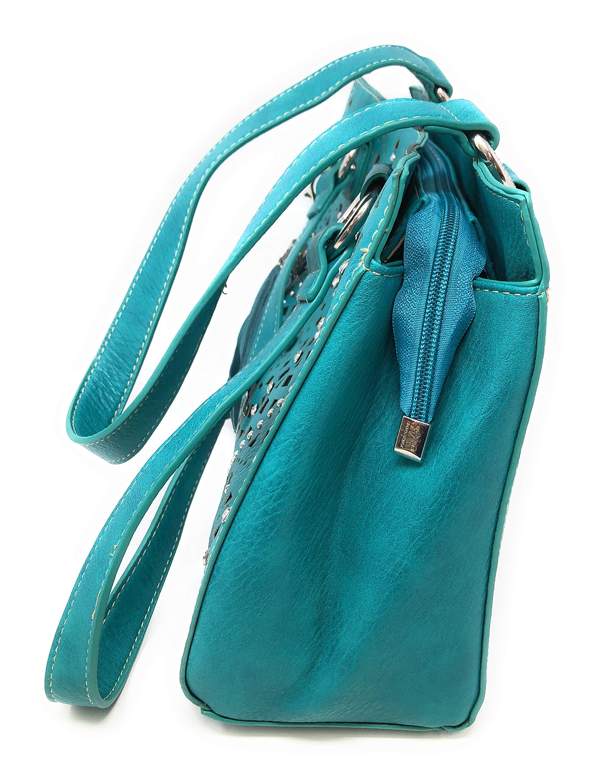 Set of Women's Concealed Carry Tote Double Flat Strap Purse with Laser Cutout Inlay with Matching Wallet (Turquoise)