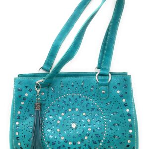 Set of Women's Concealed Carry Tote Double Flat Strap Purse with Laser Cutout Inlay with Matching Wallet (Turquoise)