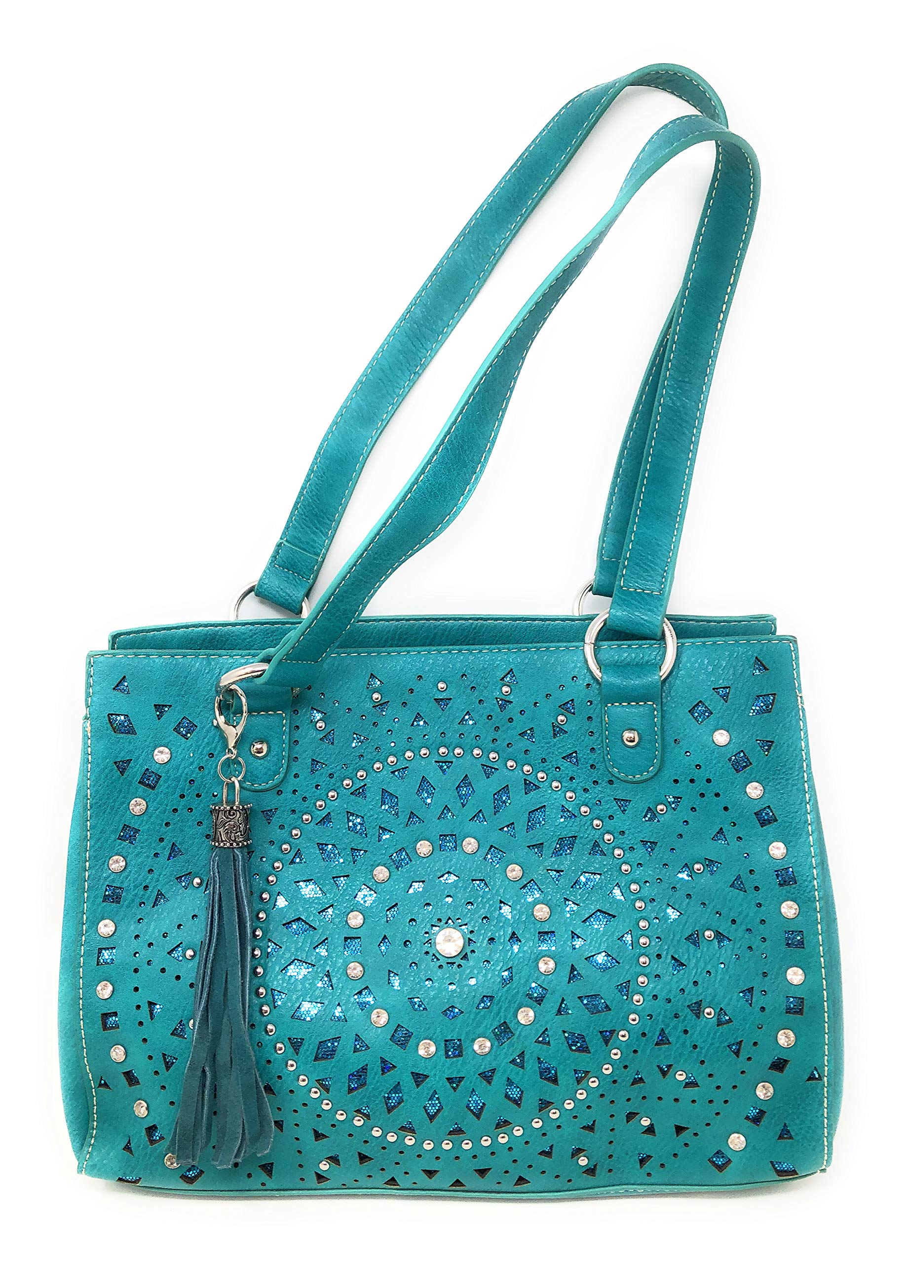 Set of Women's Concealed Carry Tote Double Flat Strap Purse with Laser Cutout Inlay with Matching Wallet (Turquoise)