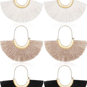 3 Pairs Fan Tassel Earrings for Women Fringe Earrings Semi Circle Fan Silky Threader Dangles Hoops