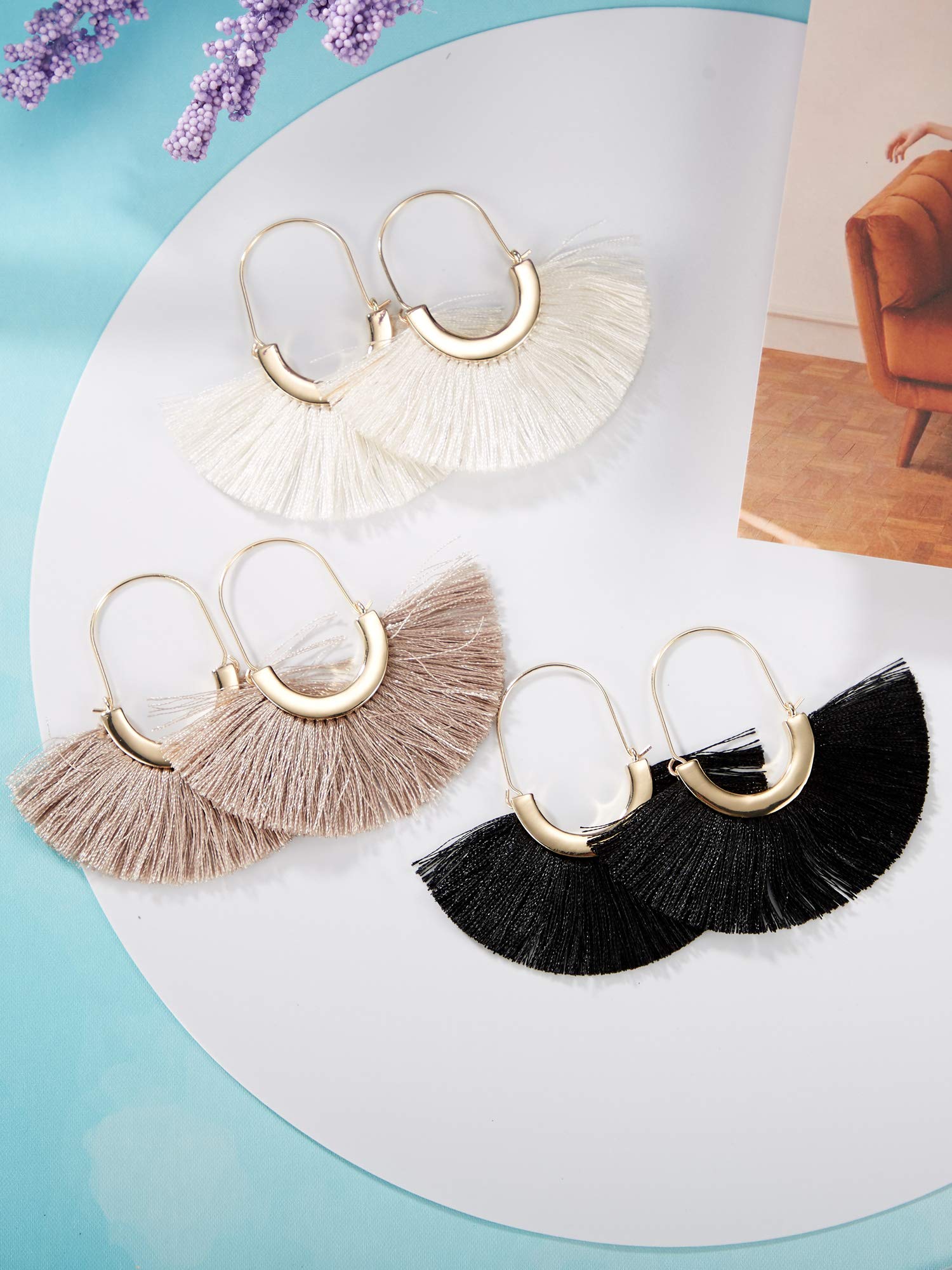 3 Pairs Fan Tassel Earrings for Women Fringe Earrings Semi Circle Fan Silky Threader Dangles Hoops