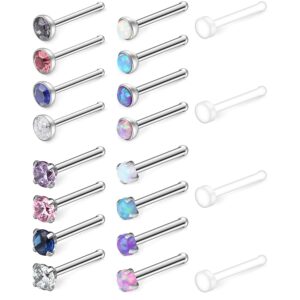 Ruifan 20PCS 18G Surgical Steel 1.5mm Opal CZ Nose Bone Studs Rings 2mm Clear Bioflex Nose Ring Retainer Pin Piercing Jewelry