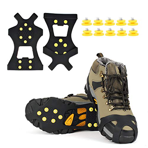 EONPOW Ice Grips, Ice & Snow Grips Cleat Over Shoe/Boot Traction Cleat Rubber Spikes Anti Slip 10 Steel Studs Crampons Slip-on Stretch Footwear (Size S)