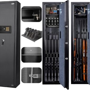 Large Rifle Safe, Long Gun Safe for Rifle Shotgun for Home, Quick Access 5-6 Gun Storage Cabinet with a Handgun Lock Box and a Removable Shelf, Silent Mode (Keyboard PIN Code)