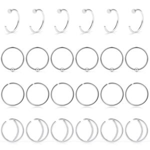 Lcolyoli 24PCS 22G Surgical Steel Moon Nose Rings Hoop Nostril Septum Ring Piercing Jewelry for Women Men 10mm (3/8") Silver-tone