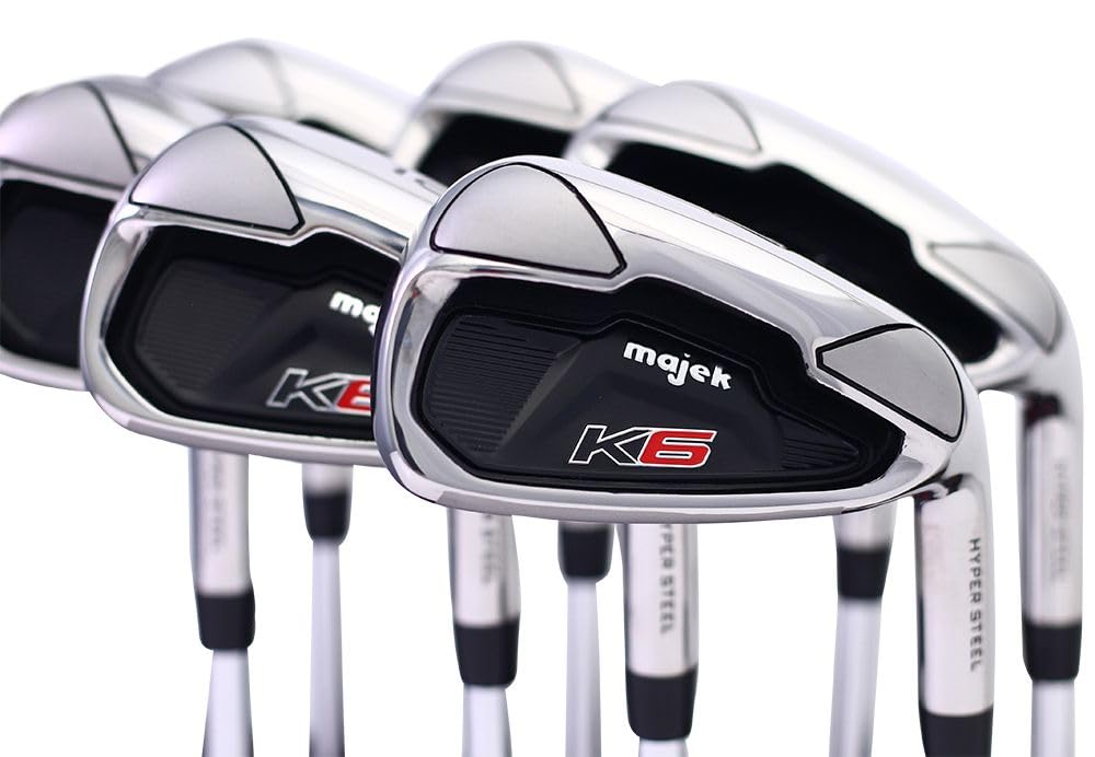 Majek K6 Iron Set +1 inch Over Big & Tall Men's 8-Piece Set (4-PW, SW) Right Handed Steel Shaft Regular Flex R Flex Club (Tall 6'0"+ / +1" Over) with Midsize Black Pro Velvet Grips