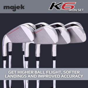 Majek K6 Iron Set +1 inch Over Big & Tall Men's 8-Piece Set (4-PW, SW) Right Handed Steel Shaft Regular Flex R Flex Club (Tall 6'0"+ / +1" Over) with Midsize Black Pro Velvet Grips