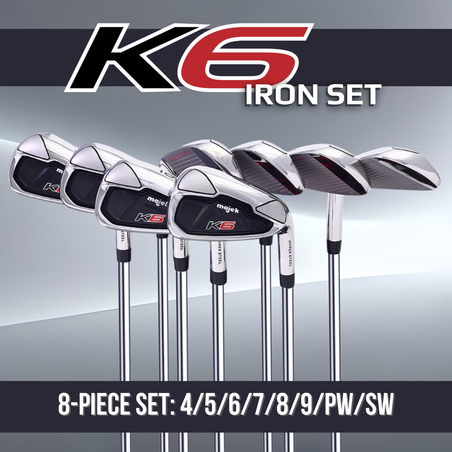 Majek K6 Iron Set +1 inch Over Big & Tall Men's 8-Piece Set (4-PW, SW) Right Handed Steel Shaft Regular Flex R Flex Club (Tall 6'0"+ / +1" Over) with Midsize Black Pro Velvet Grips