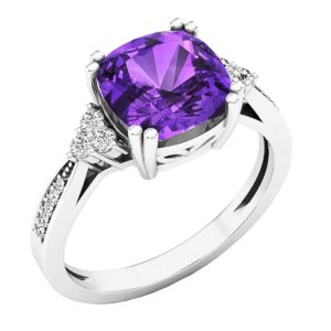 Dazzlingrock Collection 8 MM Cushion Amethyst and Round White Diamond Engagement Ring for Women in 14K White Gold, Size 7