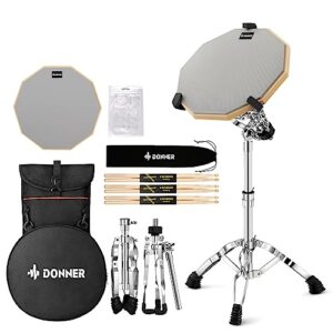 Donner Snare Drum Stand Set with Drum Practice Pad, 12'' Double-sided Silent Drum Pad set, Drumsticks, Backpack Adjustable Stand Fits 10''-14'' Dia Drums