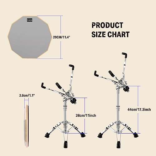 Donner Snare Drum Stand Set with Drum Practice Pad, 12'' Double-sided Silent Drum Pad set, Drumsticks, Backpack Adjustable Stand Fits 10''-14'' Dia Drums