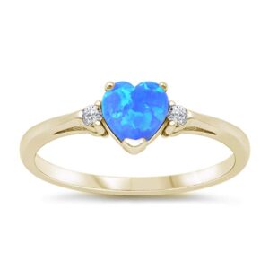 Oxford Diamond Co Sterling Silver Lab Created Opal Heart Promise Love Jewelry Ring Sizes 3-12 (Yellow Gold Plated Silver Blue Opal, 8)