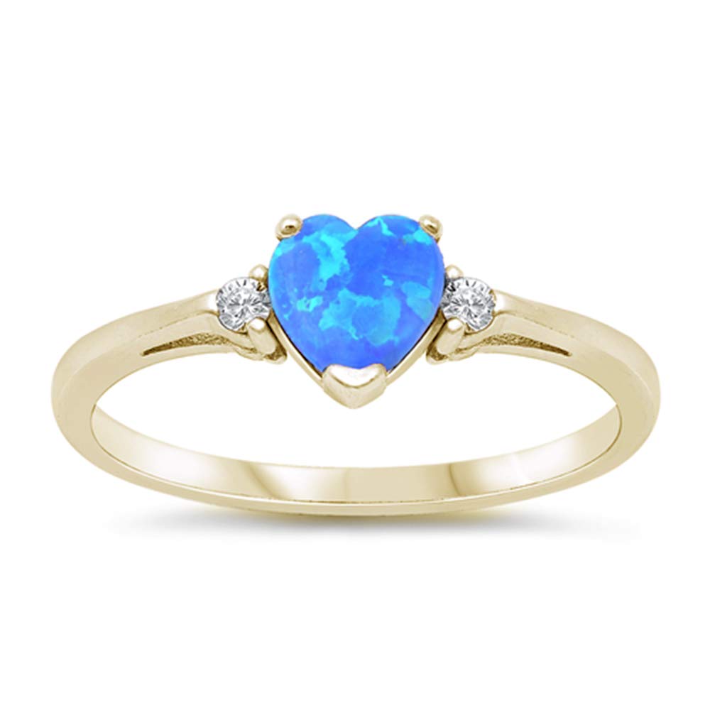 Oxford Diamond Co Sterling Silver Lab Created Opal Heart Promise Love Jewelry Ring Sizes 3-12 (Yellow Gold Plated Silver Blue Opal, 8)