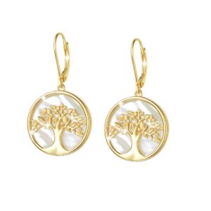 agvana tree of life earrings for women gold plated sterling silver genuine mother of pearl family tree dangle earrings anniversary jewelry birthday gifts for women mom wife her