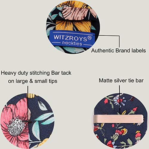 WITZROYS Men's Skinny Tie Floral Cotton Necktie and Tie Bar Clip Sets, Great for Weddings,Groom,Groomsmen (Blue & Orange #A4)