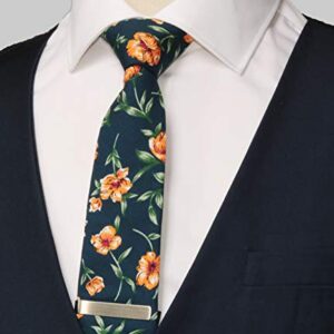 WITZROYS Men's Skinny Tie Floral Cotton Necktie and Tie Bar Clip Sets, Great for Weddings,Groom,Groomsmen (Blue & Orange #A4)