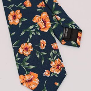 WITZROYS Men's Skinny Tie Floral Cotton Necktie and Tie Bar Clip Sets, Great for Weddings,Groom,Groomsmen (Blue & Orange #A4)