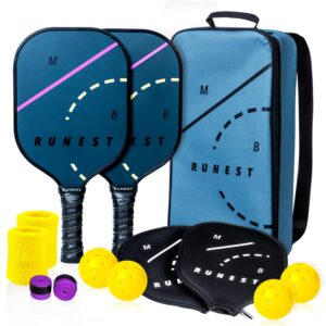 mb runest pickleball paddles set of 2 - composite honeycomb core & premium graphite face - lightweight racket set – covers, extra grips & 4 usapa approved balls included (set of 2 paddles)