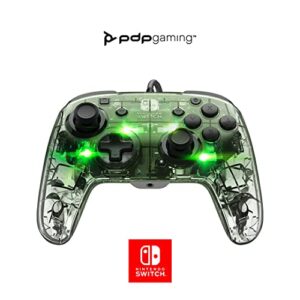 pdp gaming afterglow deluxe+ led wired power nintendo switch pro controller, officially licensed, rgb hue color lights, clear body see through gamepad, 3.5mm audio jack, dual vibration paddle buttons