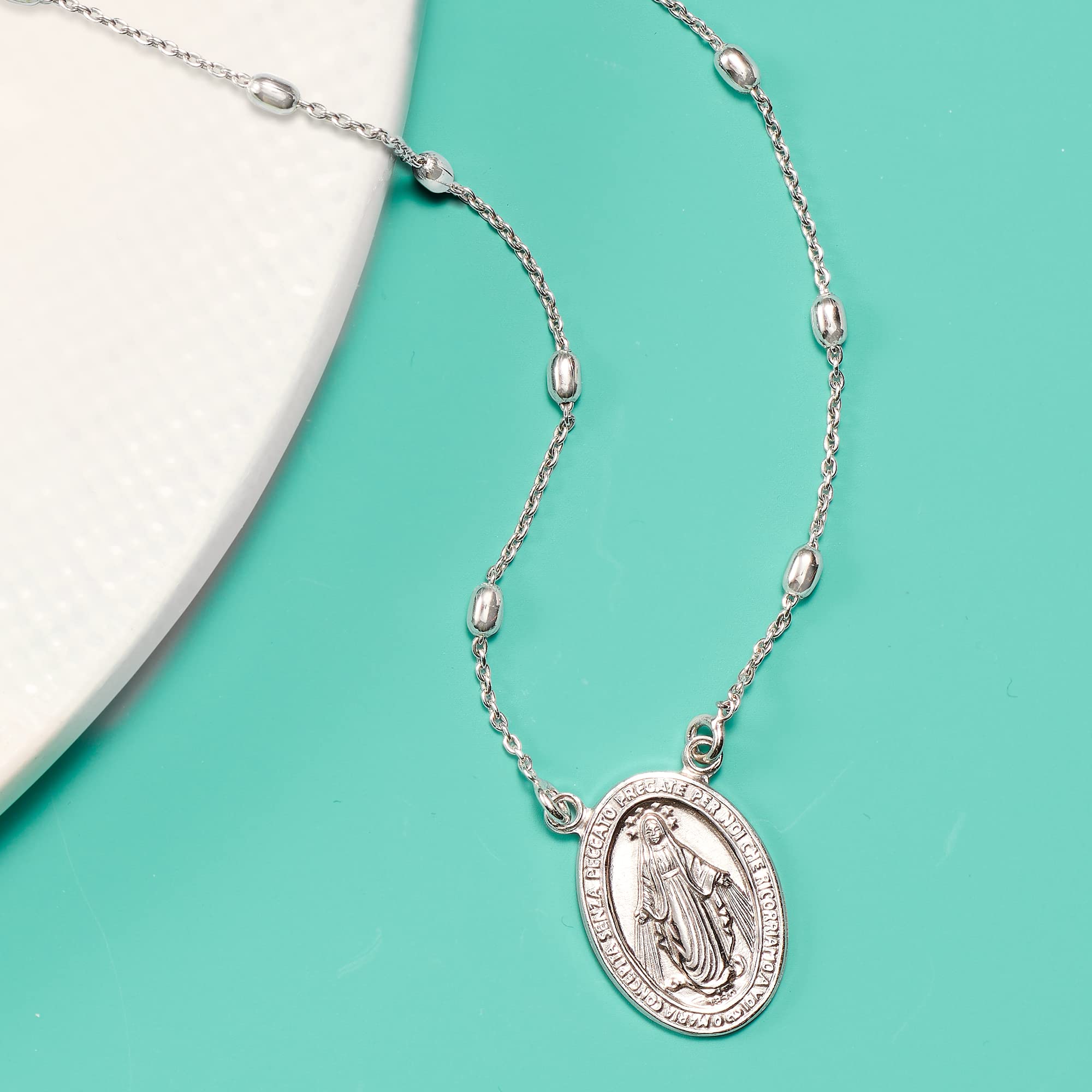 Ross-Simons Italian Sterling Silver Miraculous Medal Bead Station Necklace. 20 inches