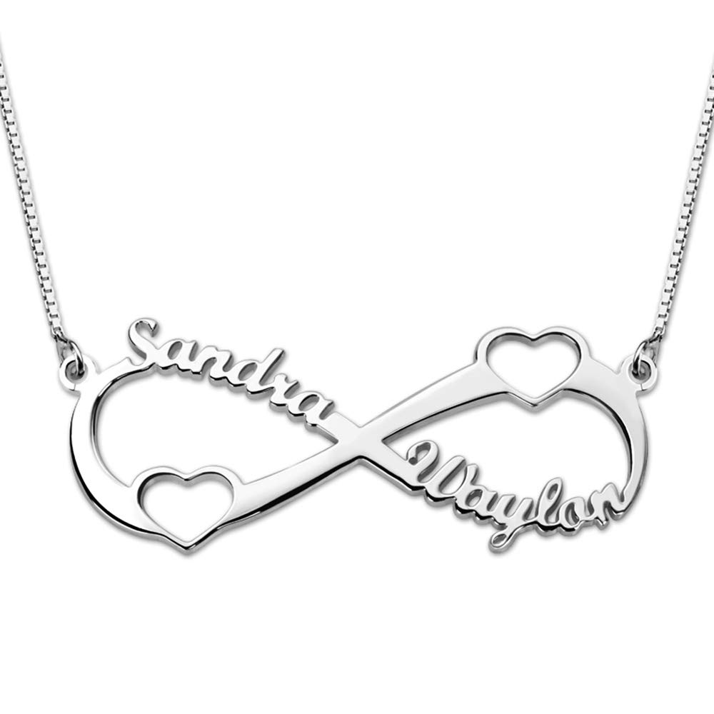 Bo&Pao Silver Infinity Name Necklace with two hearts, personalized Necklace with 2 Names