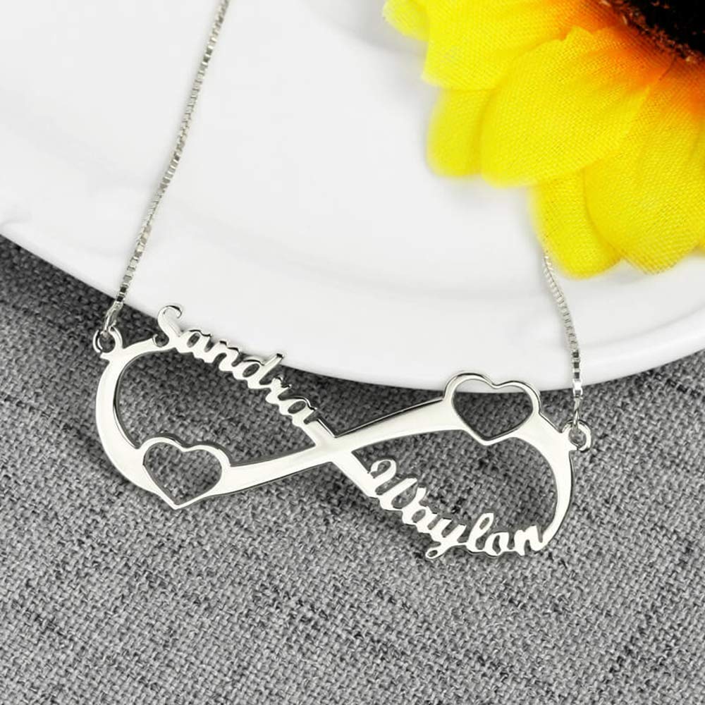 Bo&Pao Silver Infinity Name Necklace with two hearts, personalized Necklace with 2 Names