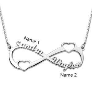 Bo&Pao Silver Infinity Name Necklace with two hearts, personalized Necklace with 2 Names