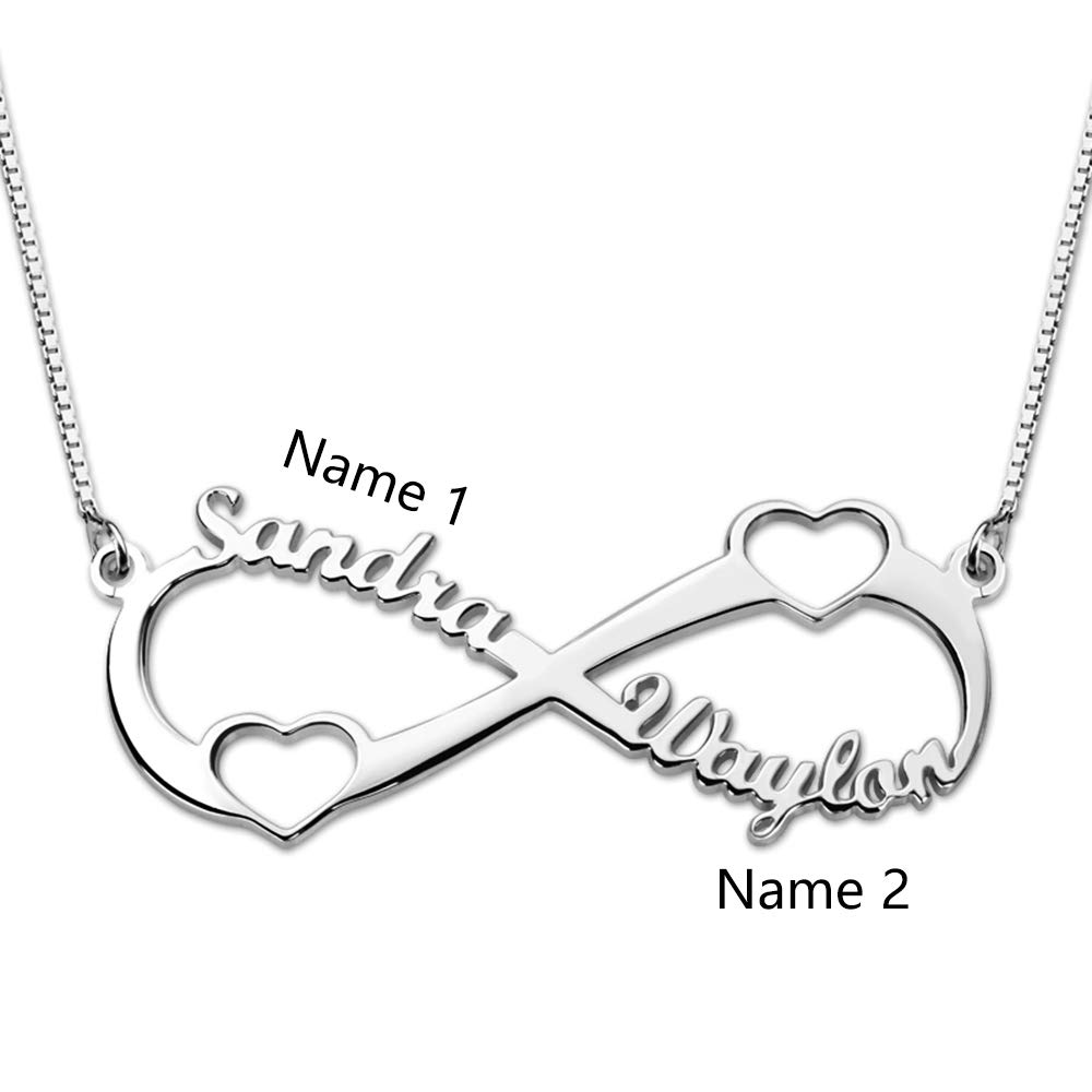 Bo&Pao Silver Infinity Name Necklace with two hearts, personalized Necklace with 2 Names