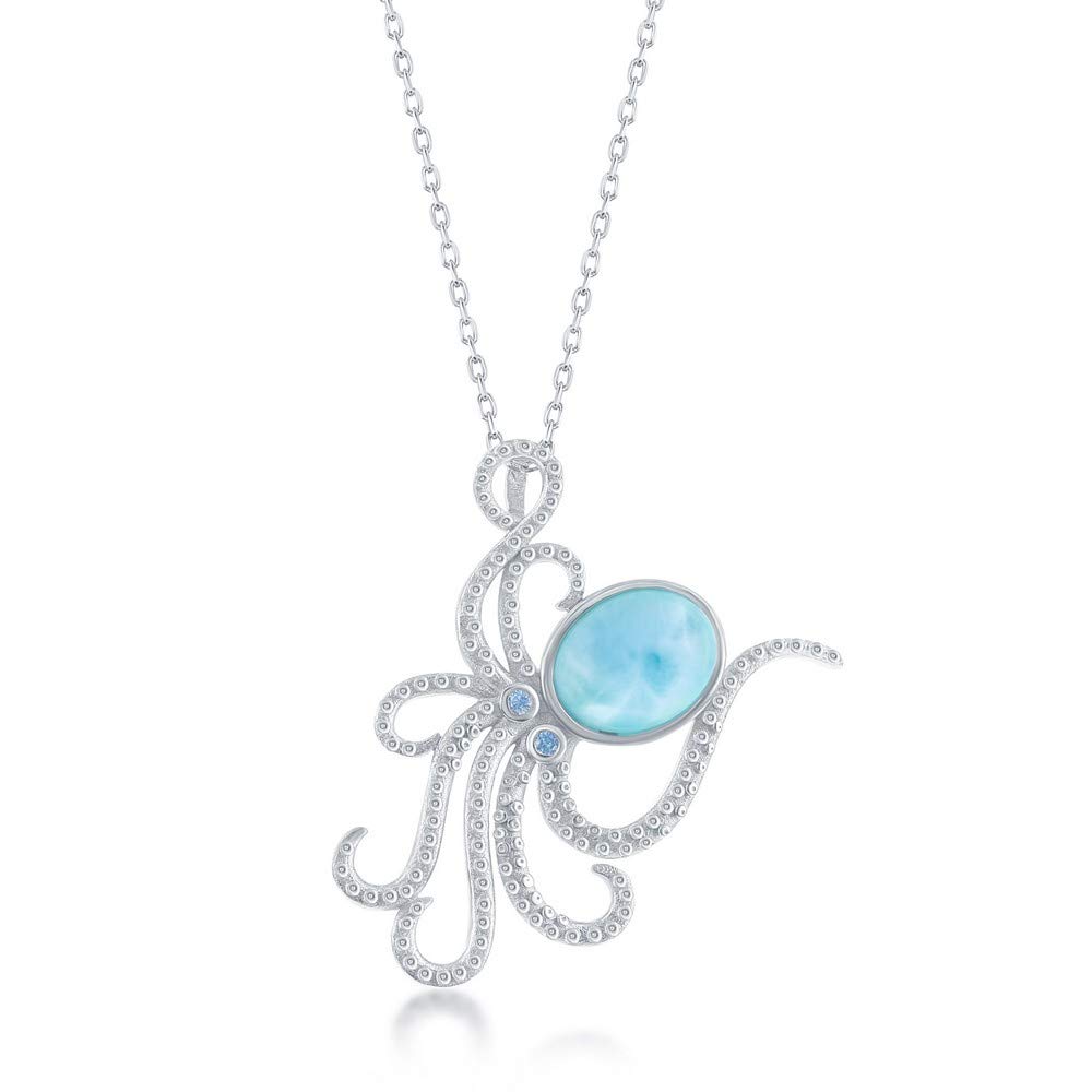 Beaux Bijoux Nautical Octopus Caribbean Natural Larimar Gemstone Sterling Silver Pendant 18’’ Necklace Jewelry for Women or Teens