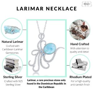 Beaux Bijoux Nautical Octopus Caribbean Natural Larimar Gemstone Sterling Silver Pendant 18’’ Necklace Jewelry for Women or Teens