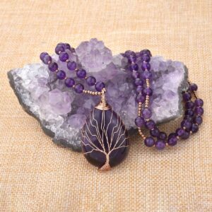 Jovivi Natural Amethyst Quartz Healing Crystals Necklace Wire Wrapped Teardrop Life Tree Chakra Gemstone Pendant Mothers Day Christmas Gifts